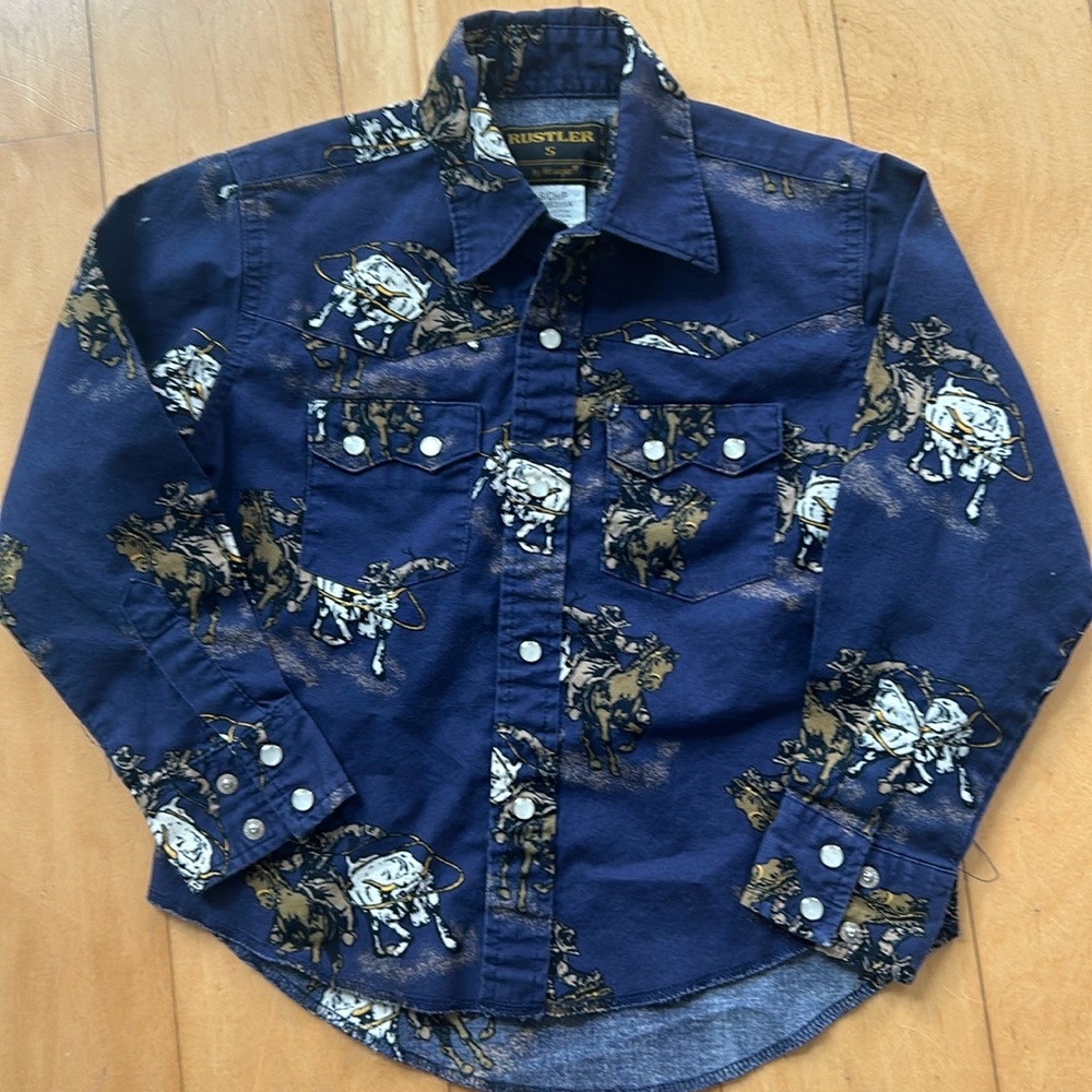 Vintage Rustler by Wrangler Western Shirt Boy’s S/CH/P  100%cotton CowboyCutLong